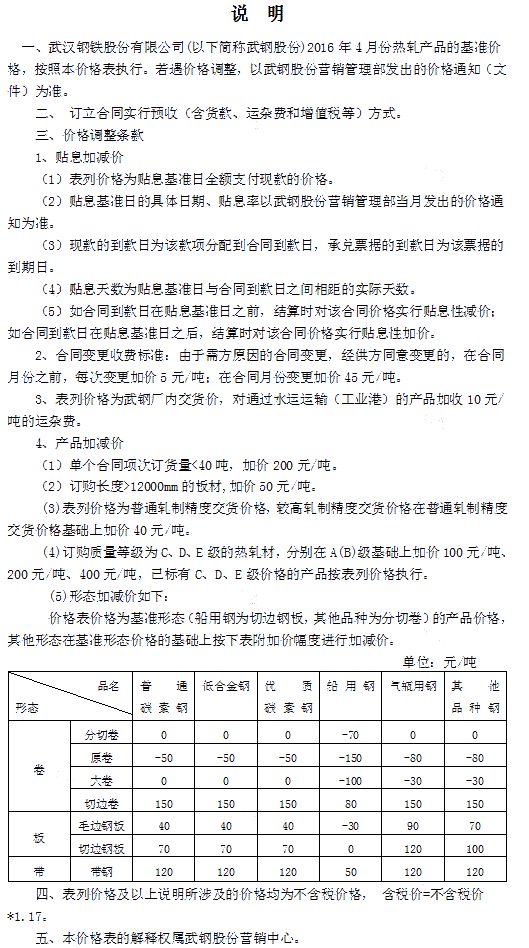 出厂 武钢股份2016年4月份热轧产品价格说明.gif